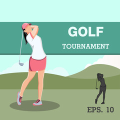 Golf playing. women training with golf clubs on green grass, cartoon vector illustration. female character in different position.