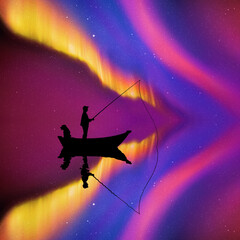 Obraz na płótnie Canvas Man with dog in boat at night. Fisherman silhouette. Aurora borealis