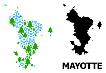 Obraz premium Vector mosaic map of Mayotte Islands done for New Year, Christmas, and winter. Mosaic map of Mayotte Islands is shaped from snow and fir forest.