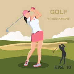 Foto op Canvas Golf playing. women training with golf clubs on green grass, cartoon vector illustration. female character in different position. © bhumpayak