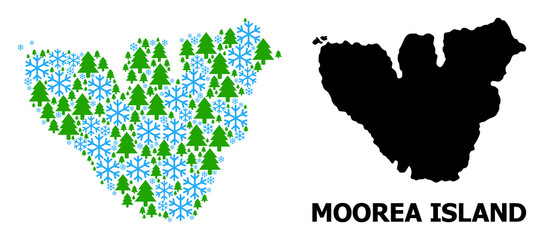 Obraz premium Vector mosaic map of Moorea Island created for New Year, Christmas, and winter. Mosaic map of Moorea Island is shaped from snowflakes and fir-trees.