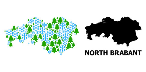 Obraz premium Vector mosaic map of North Brabant Province organized for New Year, Christmas, and winter. Mosaic map of North Brabant Province is done with snow flakes and fir trees.