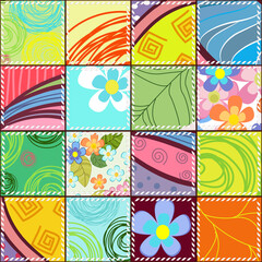 Colorful patchwork pattern from square pieces with flowers and d