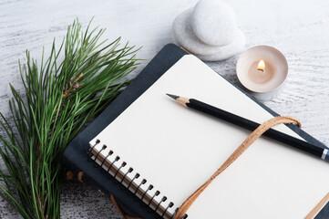 Empty open notebook and pine tree