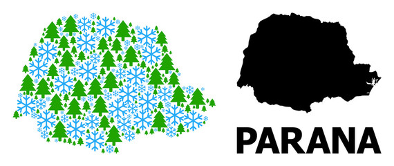 Obraz premium Vector mosaic map of Parana State organized for New Year, Christmas, and winter. Mosaic map of Parana State is shaped with snow flakes and fir forest.