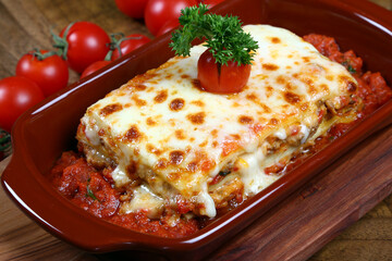 Italian cuisine, piece of tasty hot lasagna served