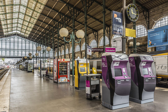 Interior of Gare du Nord (North Station, designed by Jacques Hittorff, 1864). Gare du Nord is one of the six large terminus stations of mainline network for Paris. PARIS, FRANCE. May 17, 2014.