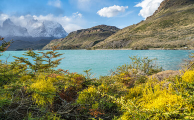 Naklejka na ściany i meble Landscape with lake Lago del Pehoe in the Torres del Paine national park, Patagonia, Chile