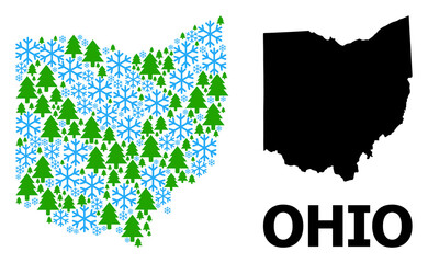 Obraz premium Vector mosaic map of Ohio State done for New Year, Christmas, and winter. Mosaic map of Ohio State is done of snow flakes and fir-trees.