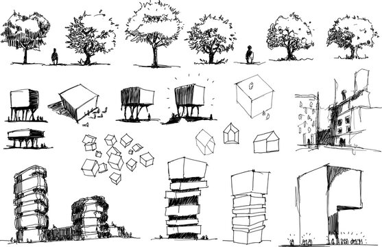 many hand drawn architectectural sketches of a modern abstract architecture and detached houses and urban ideas and trees