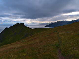 Beautiful view of southern coast of Lofoten islands, Norway with rugged mountains on horizon viewed from Ballstadheia plateau with hiking trail between colorful meadows on cloudy day in late summer.