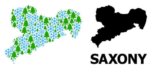 Vector mosaic map of Saxony State combined for New Year, Christmas, and winter. Mosaic map of Saxony State is designed with snowflakes and fir forest.