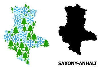Vector collage map of Saxony-Anhalt State created for New Year, Christmas, and winter. Mosaic map of Saxony-Anhalt State is created with snowflakes and fir-trees.