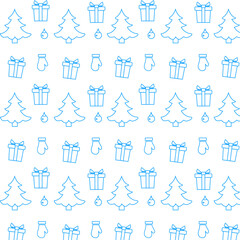 Happy new year 2021, Merry Christmas vector seamless pattern with Christmas tree, gifts, Christmas tree toys, Christmas gloves. Design for wrapping, fabric, print.