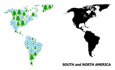 Vector mosaic map of South and North America created for New Year, Christmas, and winter. Mosaic map of South and North America is shaped of snow flakes and fir forest.