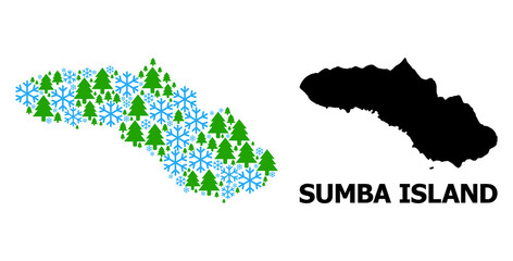 Obraz premium Vector mosaic map of Sumba Island combined for New Year, Christmas, and winter. Mosaic map of Sumba Island is created from snowflakes and fir trees.