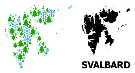 Vector mosaic map of Svalbard Islands organized for New Year, Christmas, and winter. Mosaic map of Svalbard Islands is organized with snow and fir trees.