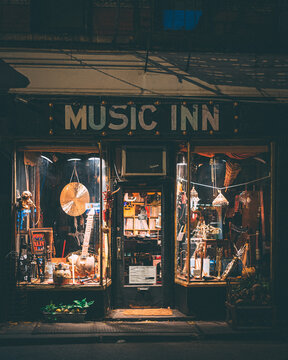 Music store at night in the West Village, Manhattan, New York City