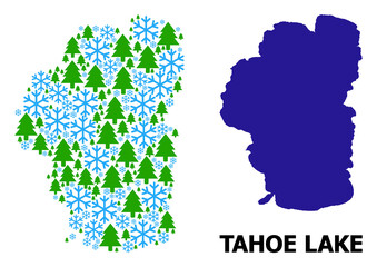 Vector composition map of Tahoe Lake created for New Year, Christmas, and winter. Mosaic map of Tahoe Lake is created from snow and fir trees.