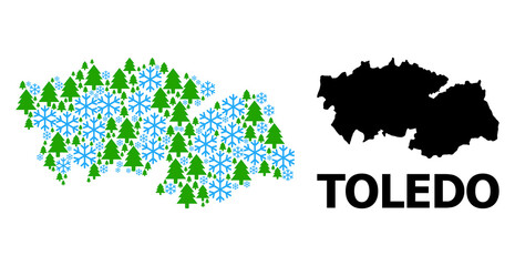 Obraz premium Vector mosaic map of Toledo Province combined for New Year, Christmas, and winter. Mosaic map of Toledo Province is formed from snow and fir-trees.