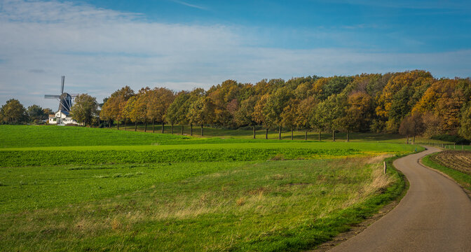 Beautiful autumnal dutch landscape in Voerendaal, Province of Limburg, with the highest-located windmill in The Netherlands