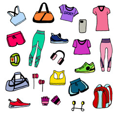 A set of clothes for sports and fitness. Doodle drawing style.