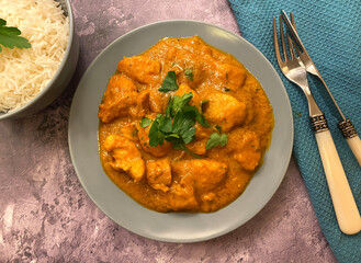 Chicken curry. Marinated chicken meat with curry sauce and rice.