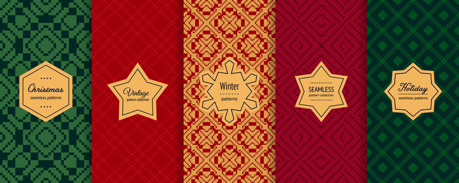 Christmas vector seamless patterns collection. Set of holiday background swatches with elegant labels. Winter Nordic Scandinavian style abstract ornament. Design for decor, print, card, flyer, banner