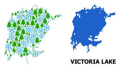 Vector mosaic map of Victoria Lake constructed for New Year, Christmas, and winter. Mosaic map of Victoria Lake is constructed from snow flakes and fir-trees.