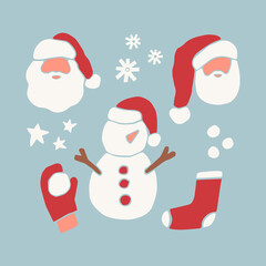 Cartoon santa claus set. Winter holiday characters. Vector santas, snowman.