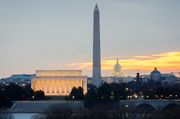 Washington D.C. skyline at sunrise with the National Monuments The Capitol, Lincoln Memorial and...