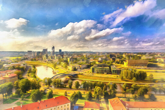 Aerial view on Vilnius colorful painting looks like picture, Lithuania.