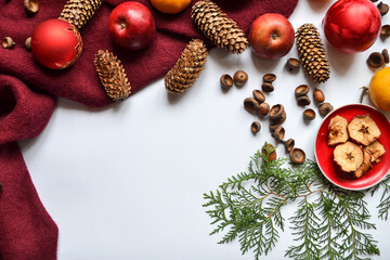 Christmas flat lay with decorative elements. Copy space