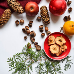 Christmas flat lay with decorative elements. Copy space