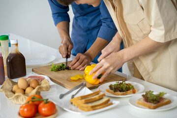 Asian same sex LGBTQ couple cooking gourmet food  meal in the kitchen