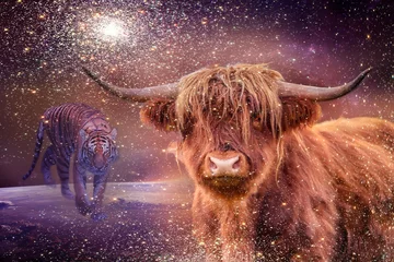 Poster de jardin Highlander écossais Vache Highland écossaise avec des cornes de tigre