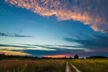 Obraz premium Road to the field and sky with clouds on sunset. Summer landscape.