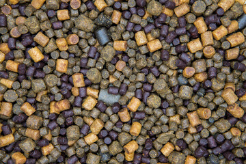 Carp fishing pellets of different sizes and colours. Fishing bait background