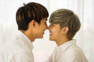 Asian young men same sex lover couple LGBTQ having relax leisure time on bed during holiday festival 