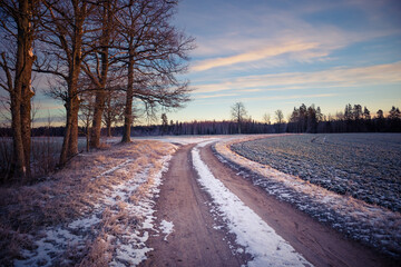 A beautiful winter morning landscape with a gravel road. Bright, extra colorful scenery of Northern Europe. Snow covered road in the rural scene.