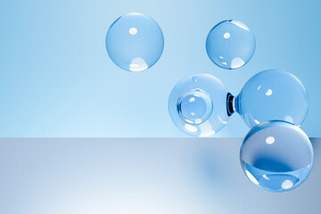 3d illustration of a transparent metaball with a huge number of parts on a blue background. Digital metaball background of flying overflowing into each other shiny spheres.