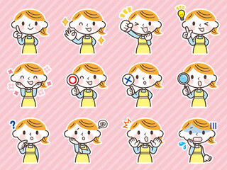 主婦の表情セット(上半身)-Facial expression icon of a woman wearing an apron