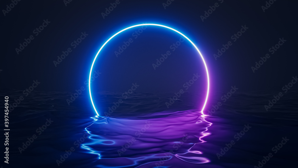 Wall mural retro futuristic abstract ocean scenery with blue and violet neon circle with copy space 3d renderin