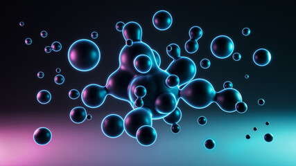 Fluid organic abstract background. Floating liquid spheres or balls with blue and purple light 3D rendering illustration.