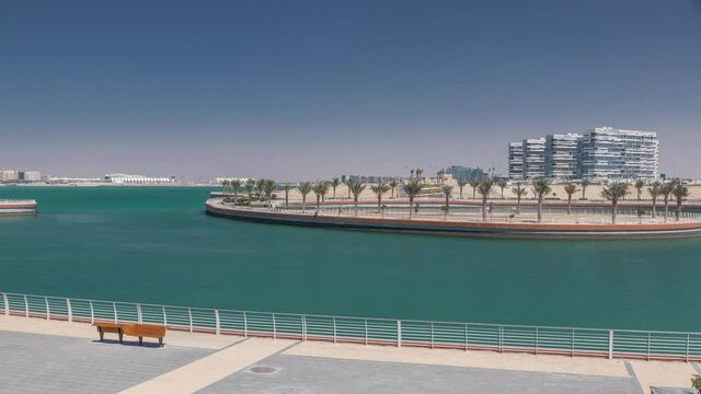 The Yas Island Beach Area and Al Dana timelapse. This is a man-made island with houses and walkway in Abu Dhabi, the capital city of the United Arab Emirates