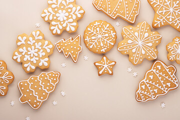 Christmas gingerbread on a soft pastel background with space for text