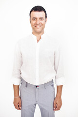 A man in a classic suit. Studio photo on a white background. Snapshot as for a catalog.