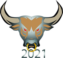a metal bull with red eyes and a gold nose ring. 2021 year