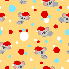 Seamless pattern with koala babies in red Christmas hats lying and smiling. Yellow background. White, red and pastel blue confetti. Post cards, scrapbooking, textile, wallpaper and wrapping paper