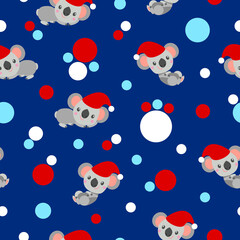 Seamless pattern with koala babies in red Christmas hats lying and smiling. Classic blue background. Pink, red and pastel blue confetti. Post cards, scrapbooking, textile, wallpaper and wrapping paper